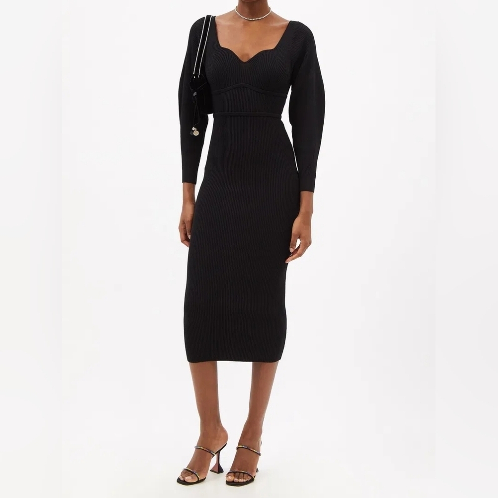 SELF-PORTRAIT Sweetheart-Neck Ribbed-Knit bodycon  Midi Dress